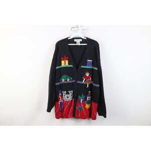 Vintage 90s Womens Size 2XL Christmas Present Toys Knit Cardigan Sweater